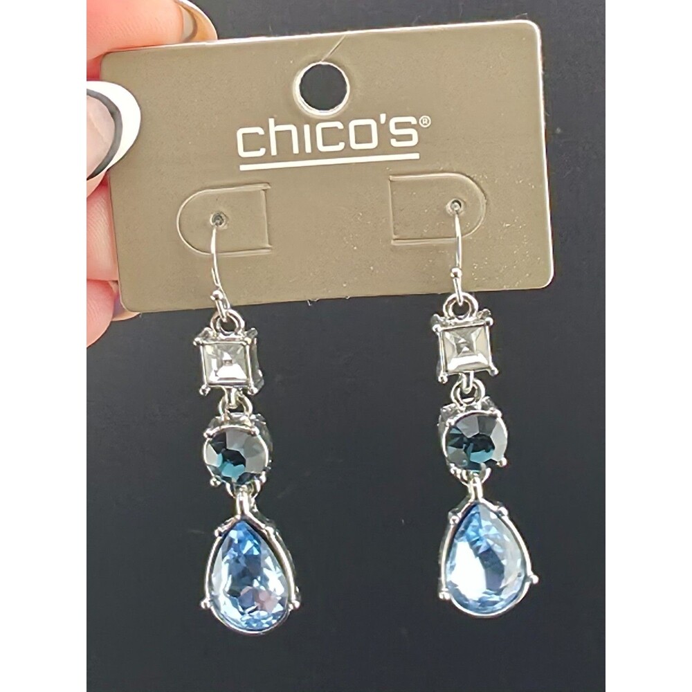 NOC Chico's Blue White Crystal 2" Dangle Pierced Chandelier Earrings Silver Tone